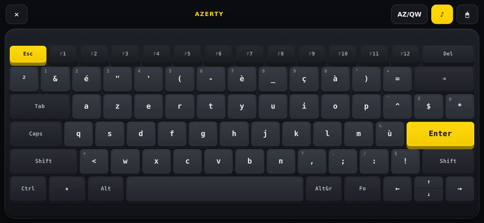 Clavier mécanique virtuel DANKE HMI en AZERTY sur un téléphone en paysage